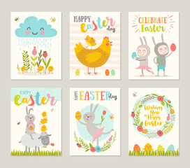 Set of Easter greeting card with cartoon characters, flowers, chickens and eggs. Vector illustration.