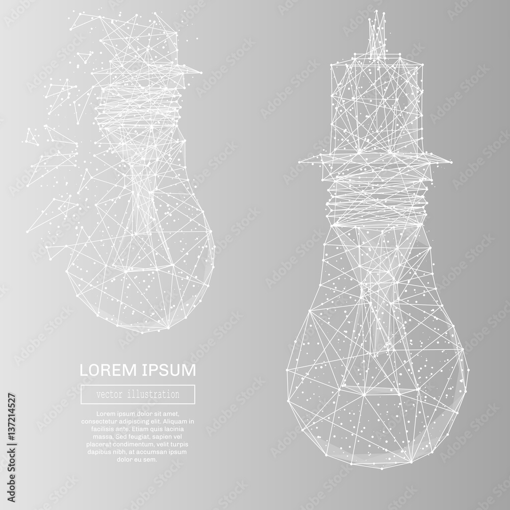 Leinwandbilder White abstract lamp bulb polygonal, geometry triangle. Light connection structure of coin. Low poly vector on gray background. Connection structure