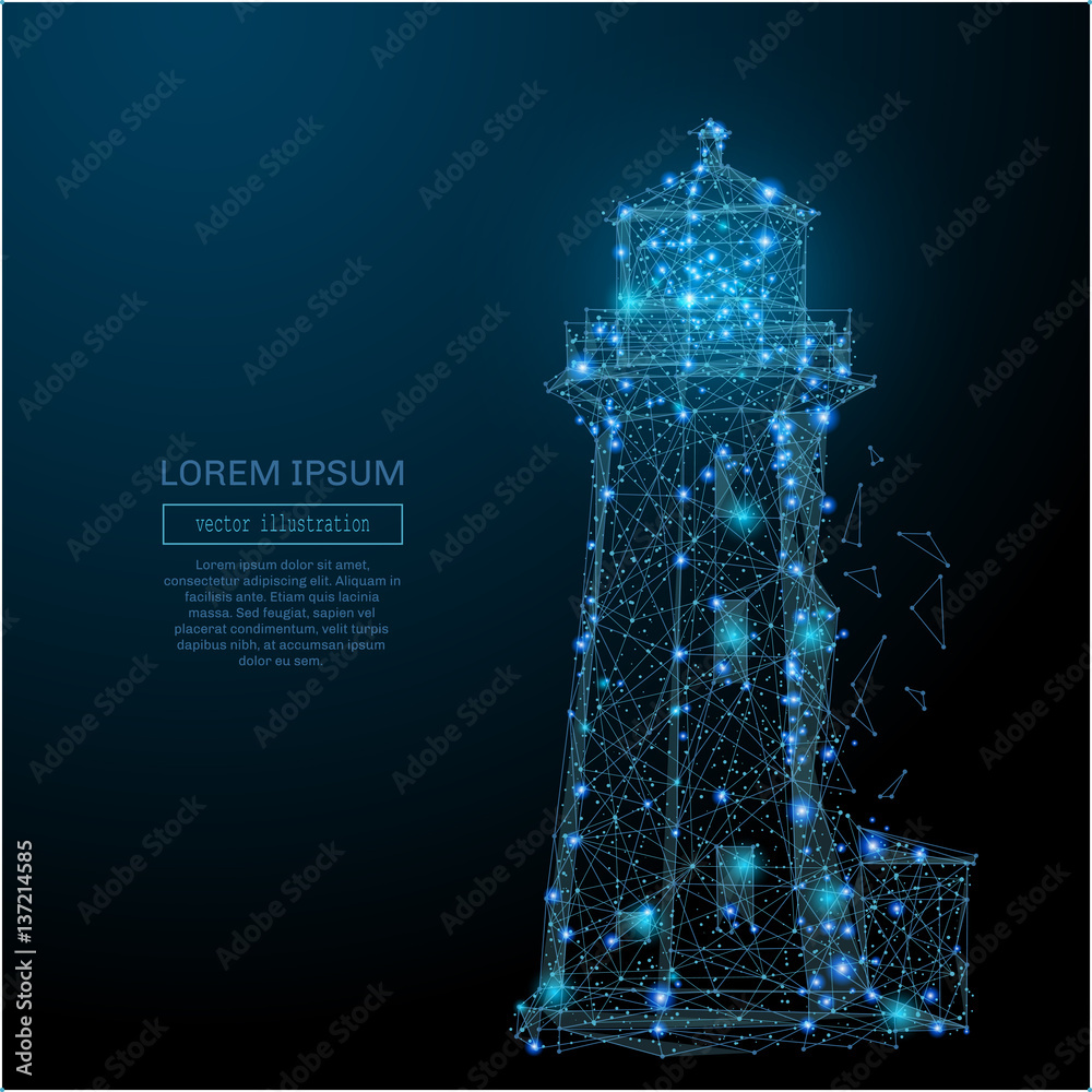 Poster Abstract image of a lighthouse in the form of a starry sky or space, consisting of points, lines, and shapes in the form of planets, stars and the universe. Vector business