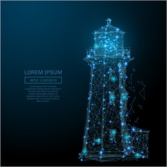 Abstract image of a lighthouse in the form of a starry sky or space, consisting of points, lines, and shapes in the form of planets, stars and the universe. Vector business