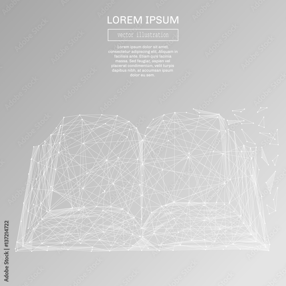 Poster White abstract open book polygonal, geometry triangle. Light connection structure of coin. Low poly vector on gray background. Connection structure