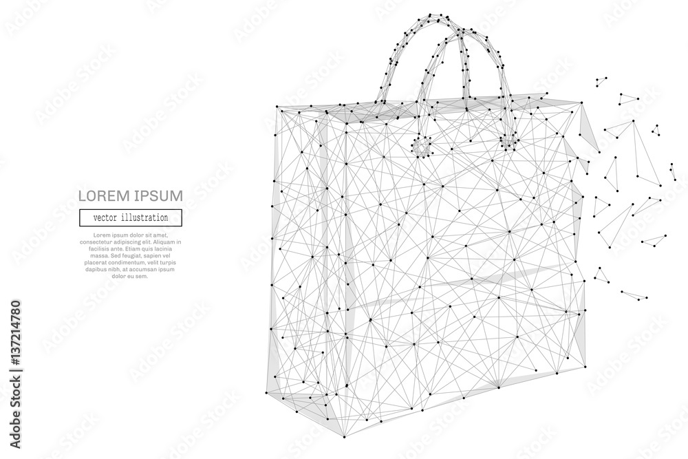 Poster Grey paper bag with polygon line on abstract background. Polygonal space low poly with connecting dots and lines. Connection structure. Vector science background