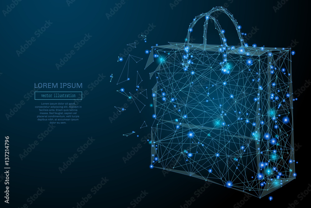 Poster Abstract image of a paper bag in the form of a starry sky or space, consisting of points, lines, and shapes in the form of planets, stars and the universe. Vector business