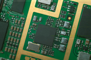 Board electronic module with chips macro close up