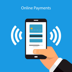 Online payment with a mobile phone on a blue background