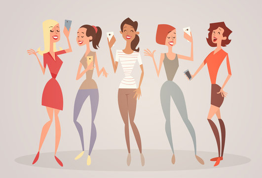 Girl Group Taking Selfie Photo On Cell Smart Phone Young Cartoon Woman Smiling Flat Vector Illustration