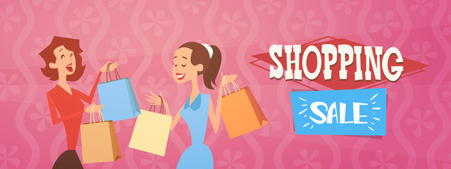 Cartoon Woman Group With Shopping Bag Big Sale Banner Flat Vector Illustration