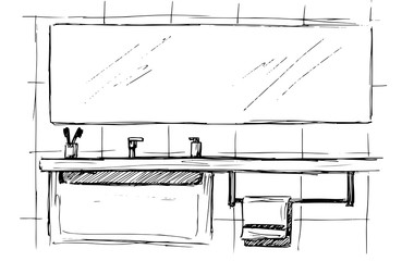 Hand drawn sketch. Linear sketch of an interior. Part of the bathroom. Vector illustration.