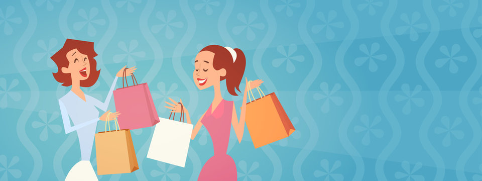 Cartoon Woman Group With Shopping Bag Big Sale Banner Flat Vector Illustration