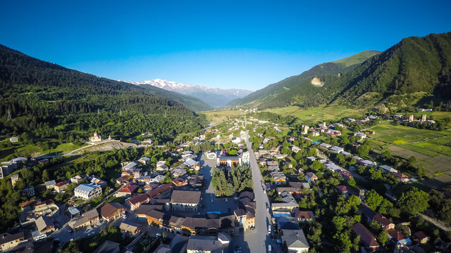 Sunrise flight over Mestia, Svaneti Province, Republic of Georgia