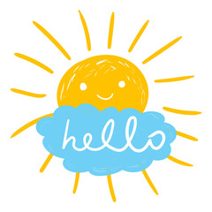 Hello summer hand drawn chalk sun icons. Vector illustration isolated on white background.