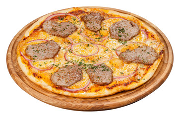 pizza on a wooden plate