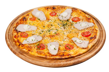 pizza on a wooden plate