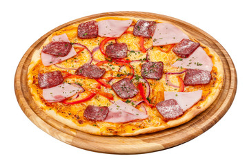 pizza on a wooden plate