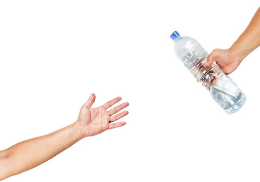Hand holding a bottle of water. Motion sending to people drinking water.