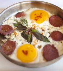 Fried eggs with sausage in pan