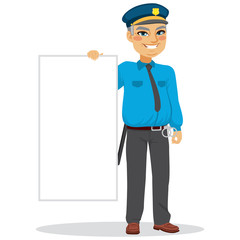 Senior happy smiling fat police man standing with uniform holding blank board