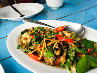Fried herbal vegetables with Mussel ,clams and scallop