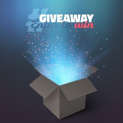Illustration of Vector Box Giveaway Competition Template. Open Box with Confetti and Magic Light Enter to Win Prize Concept