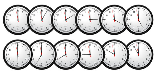 Naklejka premium Overlapping Business Clocks showing All Hourly Times