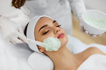 Facial Skin Care. Beautiful Woman Getting Cosmetic Mask In Salon