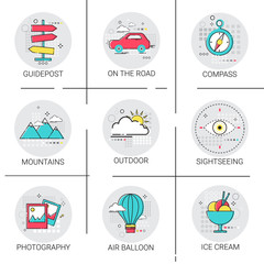 Air Balloon Mountains Car Trip Travel Tourism Icon Set Holiday Vacation Vector Illustration