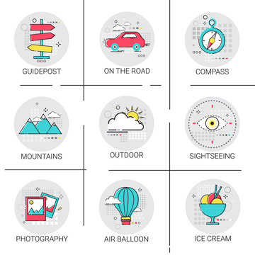 Air Balloon Mountains Car Trip Travel Tourism Icon Set Holiday Vacation Vector Illustration