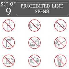 prohibited color line pictograms package, red forbidden symbols collection icons, ban vector sketches, logo illustrations, linear icons isolated on white background, eps 10.