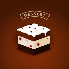 Vector illustration of the chocolate cake with cherry souffle and whipped cream.