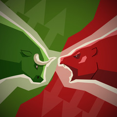 Stock market illustration - green bull and red bear opposition concept on background with up and down arrows
