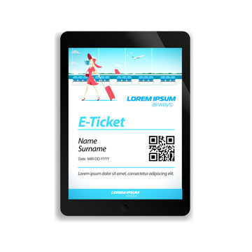 Electronic ticket for the flight on the screen of the tablet pc