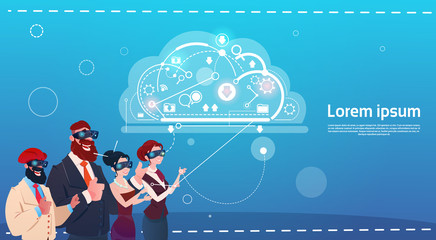 Mix Race People Group Using Gadgets Cloud Database Social Network Communication Concept Flat Vector Illustration