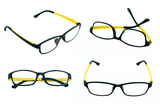 Set of black and yellow light weight eyeglasses on white background