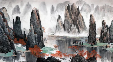 Tuinposter Chinees landschap van bergen en water © hikolaj2