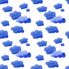 Blue watercolor clouds background. Hand painted clouds isolated on white.