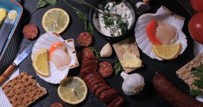 Dolly top down view of ingredients for scallops with chorizo in garlic mayonnaise