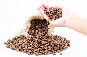 Fresh roasted coffee beans, isolated on white. Pile of coffee in hands on white background