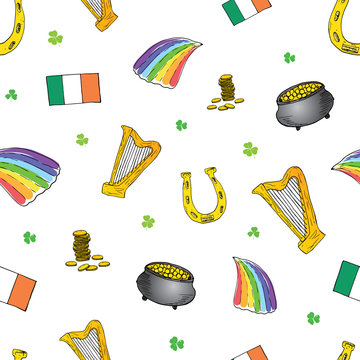 St Patrick's Day hand drawn doodle Seamless pattern, with leprechaun pot of gold coins, rainbow, beer, four leaf clover, horseshoe, celtic harp and flag of Ireland vector illustration background.