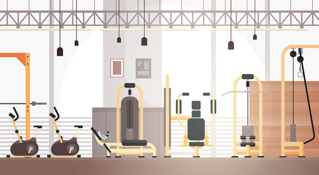 Sport Gym Interior Workout Equipment Copy Space Flat Vector Illustration