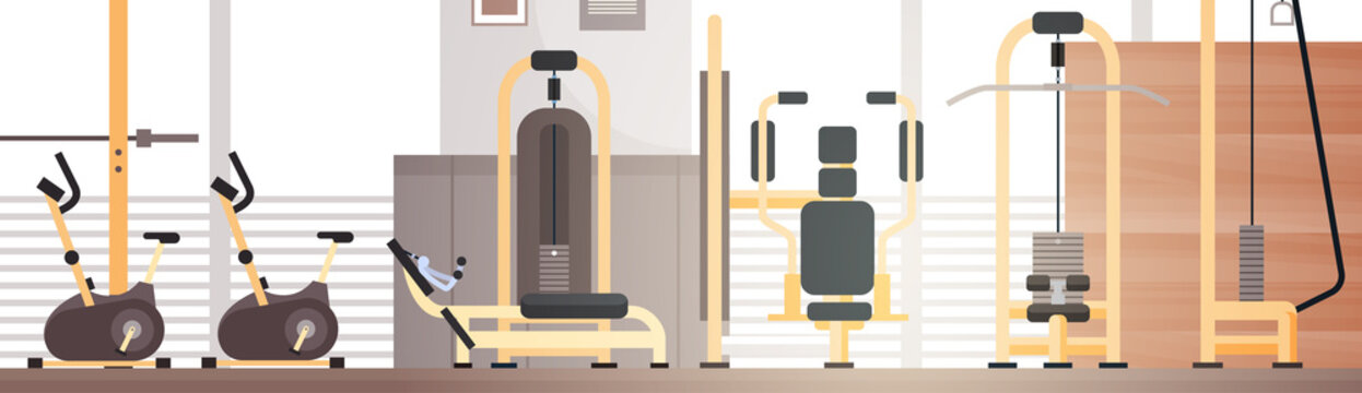 Sport Gym Interior Workout Equipment Copy Space Flat Vector Illustration