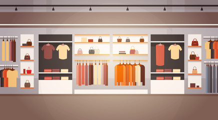 Big Fashion Shop Super Market Female Clothes Shopping Mall Interior Banner With Copy Space Flat Vector Illustration