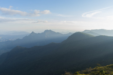 Mountain view with blue sky and clouds.