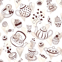 Tea time seamless background. Hand drawn doodle illustration with teapots, cups and sweets.