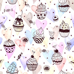 Cupcakes seamless pattern with watercolor hearts on white background. Sweets background design. Hand drawn doodle illustration with pastry.