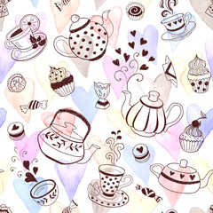 Tea time seamless pattern. Tea party background design. Hand drawn doodle illustration with teapots, cups and sweets.