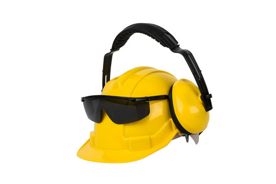 Hard hat, goggles and ear muffs isolated