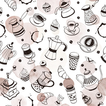 Coffee time seamless pattern with watercolor spots on white background. Hand drawn illustration with coffee pots, cups and sweets.