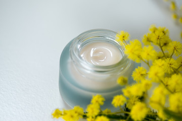 Face cream and mimosa flower, white background