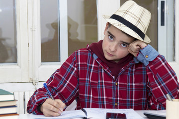 child studying in the desk of House or of the college