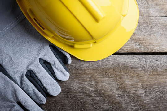 Safety equipment on wooden background